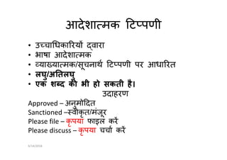 आदेशा मक ट पणी
• उ चा धका रय वारा
• भाषा आदेशा मक
• या या मक/सूचनाथ ट पणी पर आधा रत
• लघु/अ तलघु
• एक श द क भी हो सकती है।
लघु/अ तलघु
• एक श द क भी हो सकती है।
उदाहरण
Approved – अनुमो दत
Sanctioned – वीकृ त/मंजूर
Please file – कृ पया फाइल कर
Please discuss – कृ पया चचा कर
6/14/2018
 