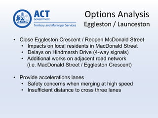 Options Analysis
Eggleston / Launceston
• Close Eggleston Crescent / Reopen McDonald Street
• Impacts on local residents in MacDonald Street
• Delays on Hindmarsh Drive (4-way signals)
• Additional works on adjacent road network
(i.e. MacDonald Street / Eggleston Crescent)
• Provide accelerations lanes
• Safety concerns when merging at high speed
• Insufficient distance to cross three lanes
 