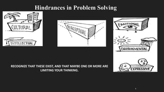 6
Hindrances in Problem Solving
RECOGNIZE THAT THESE EXIST, AND THAT MAYBE ONE OR MORE ARE
LIMITING YOUR THINKING.
 