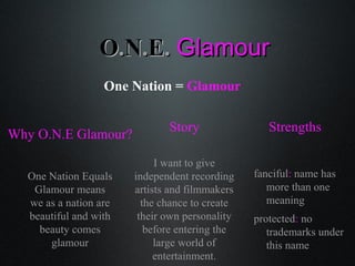 One Nation = Glamour
fanciful: name has
more than one
meaning
protected: no
trademarks under
this name
OO..NN..EE.. GlamourGlamour
StrengthsStory
I want to give
independent recording
artists and filmmakers
the chance to create
their own personality
before entering the
large world of
entertainment.
Why O.N.E Glamour?
One Nation Equals
Glamour means
we as a nation are
beautiful and with
beauty comes
glamour
 
