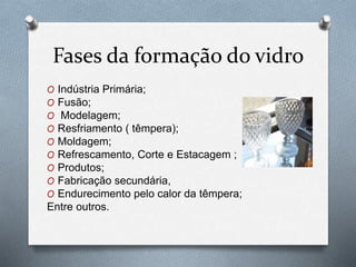 Fases da formação do vidro
O Indústria Primária;
O Fusão;
O Modelagem;
O Resfriamento ( têmpera);
O Moldagem;
O Refrescamento, Corte e Estacagem ;
O Produtos;
O Fabricação secundária,
O Endurecimento pelo calor da têmpera;
Entre outros.
 