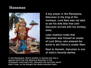 A key player in the Ramayana,
Hanuman is the king of the
monkeys. Lord Ram was not able
to set his wife Sita free until
Hanuman arrived with his monkey
army.
Later tradition holds that
Hanuman was himself an avatar
of Lord Shiva, who entered the
world to aid Vishnu’s avatar Ram.
Next to Ganesh, Hanuman is one
of India’s favorite deities.
Hanuman
In the Ramayana, Ram’s brother is injured and only a
special herb from the Medicine Mountain in the
Himalayas could save him. Hanuman did not know which
herb it was, so he brought the whole mountain back.
 
