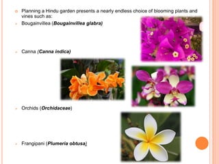  Planning a Hindu garden presents a nearly endless choice of blooming plants and
vines such as:
 Bougainvillea (Bougainv...