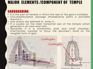 MAJOR ELEMENTS /COMPONENT OF TEMPLE
GARBHAGRIHA
• It is the part of temple in which the idol of the god is installed.
• Circumambulation passage (Pradakshina path) is provided
around it.
• only priests are allowed to enter it.
• It is usually on the main horizontal axis of the temple which
generally is an east-west axis.
• Generally it is a windowless dark and small chamber,
intentionally created to focus the devotee's mind on the
tangible form of god.
Presentation By- Ar. Roopa Chikkalgi
17
 