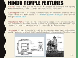HINDU TEMPLE FEATURES• “Sikhara” refers to the spire or the tower. It is shaped as pyramidal and tapering
representing the mythological “Meru” or the highest mountain peak.
• “Garbhagriha” refers to the womb chamber which is the innermost chamber of any
temple where the deity resides. It is mainly square in layout and is entered
through eastern side.
• “Pradakshina Patha” refers to the ambulatory passageway for circumambulation
and comprises of enclosed corridor outside the garbhagriha. The devotees walk
around the deity in clockwise direction, paying their respect to the deity.
• “Mandapa”, is the pillared hall in front of the garbha- griha, used as assembling
point by devotees for chant; rituals meditate or observe the priests perform the rituals.
Presentation By- Ar. Roopa Chikkalgi
20
 