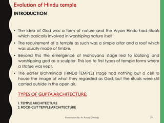 Evolution of Hindu temple
INTRODUCTION
• The idea of God was a form of nature and the Aryan Hindu had rituals
which basically involved in worshiping nature itself.
• The requirement of a temple as such was a simple altar and a roof which
was usually made of timbre.
• Beyond this the emergence of Mahayana stage led to idolizing and
worshipping god as a sculptor. This led to first types of temple forms where
a statue was kept.
• The earlier Brahminical (HINDU TEMPLE) stage had nothing but a cell to
house the image of what they regarded as God, but the rituals were still
carried outside in the open air.
TYPES OF GUPTA ARCHITECTURE:
1.TEMPLE ARCHITECTURE
2. ROCK-CUT TEMPLE ARCHITECTURE
Presentation By- Ar. Roopa Chikkalgi 29
 