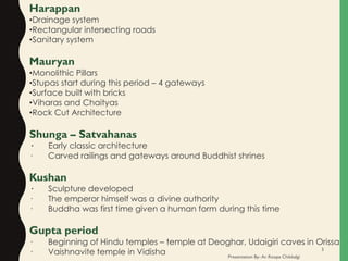 Harappan
•Drainage system
•Rectangular intersecting roads
•Sanitary system
Mauryan
•Monolithic Pillars
•Stupas start during this period – 4 gateways
•Surface built with bricks
•Viharas and Chaityas
•Rock Cut Architecture
Shunga – Satvahanas
· Early classic architecture
· Carved railings and gateways around Buddhist shrines
Kushan
· Sculpture developed
· The emperor himself was a divine authority
· Buddha was first time given a human form during this time
Gupta period
· Beginning of Hindu temples – temple at Deoghar, Udaigiri caves in Orissa
· Vaishnavite temple in Vidisha Presentation By- Ar. Roopa Chikkalgi
3
 