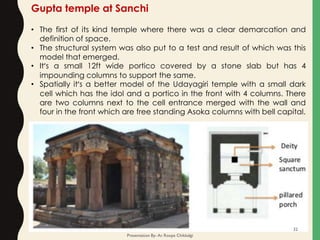 Gupta temple at Sanchi
• The first of its kind temple where there was a clear demarcation and
definition of space.
• The structural system was also put to a test and result of which was this
model that emerged.
• It’s a small 12ft wide portico covered by a stone slab but has 4
impounding columns to support the same.
• Spatially it’s a better model of the Udayagiri temple with a small dark
cell which has the idol and a portico in the front with 4 columns. There
are two columns next to the cell entrance merged with the wall and
four in the front which are free standing Asoka columns with bell capital.
Presentation By- Ar. Roopa Chikkalgi
32
 