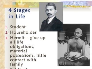 4 Stages in Life Student Householder Hermit – give up all life obligations, material possessions, little contact with family Spiritual Pilgrimage 