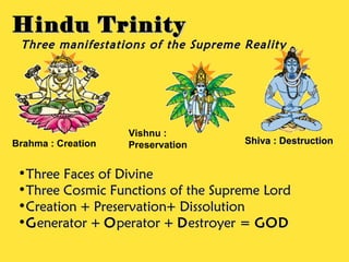 Hindu TrinityHindu Trinity
Three manifestations of the Supreme RealityThree manifestations of the Supreme Reality
Brahma : Creation
Vishnu :
Preservation Shiva : DestructionShiva : Destruction
•Three Faces of DivineThree Faces of Divine
•Three Cosmic Functions of the Supreme LordThree Cosmic Functions of the Supreme Lord
•Creation + Preservation+ DissolutionCreation + Preservation+ Dissolution
•GGenerator +enerator + OOperator +perator + DDestroyer =estroyer = GODGOD
 