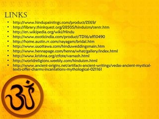 LinksLinks
• http://www.hindupaintings.com/product/ZE69/http://www.hindupaintings.com/product/ZE69/
• http://library.thinkquest.org/28505/hinduism/centr.htmhttp://library.thinkquest.org/28505/hinduism/centr.htm
• http://en.wikipedia.org/wiki/Hinduhttp://en.wikipedia.org/wiki/Hindu
• http://www.exoticindia.com/product/TD16/aff10490http://www.exoticindia.com/product/TD16/aff10490
• http://home.austin.rr.com/nayagam/bridal.htmhttp://home.austin.rr.com/nayagam/bridal.htm
• http://www.uuottawa.com/hinduweddingsmain.htmhttp://www.uuottawa.com/hinduweddingsmain.htm
• http://www.hennapage.com/henna/what/gallery/index.htmlhttp://www.hennapage.com/henna/what/gallery/index.html
• http://www.krishna.org/ctfote/varnash.htmlhttp://www.krishna.org/ctfote/varnash.html
• http://worldreligions.weebly.com/hinduism.htmlhttp://worldreligions.weebly.com/hinduism.html
• http://www.ancient-origins.net/artifacts-ancient-writings/vedas-ancient-mystical-http://www.ancient-origins.net/artifacts-ancient-writings/vedas-ancient-mystical-
texts-offer-charms-incantations-mythological-021161texts-offer-charms-incantations-mythological-021161
 