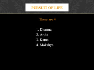 PURSUIT OF LIFE
There are 4
1. Dharma
2. Artha
3. Kama
4. Mokshya

 
