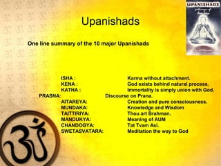 Upanishads
One line summary of the 10 major Upanishads
ISHA : Karma without attachment.
KENA : God exists behind natural process.
KATHA : Immortality is simply union with God.
PRASNA: Discourse on Prana.
AITAREYA: Creation and pure consciousness.
MUNDAKA: Knowledge and Wisdom
TAITTIRIYA: Thou art Brahman.
MANDUKYA: Meaning of AUM
CHANDOGYA: Tat Tvam Asi.
SWETASVATARA: Meditation the way to God
 