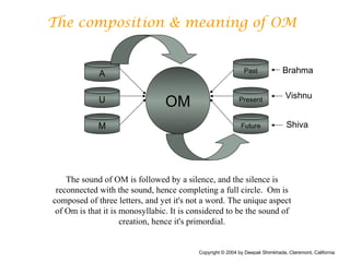 The composition & meaning of OM

Past
Past

A
U
M

OM

Brahma

Present

Vishnu

Future

Shiva

The sound of OM is followed by a silence, and the silence is
reconnected with the sound, hence completing a full circle. Om is
composed of three letters, and yet it's not a word. The unique aspect
of Om is that it is monosyllabic. It is considered to be the sound of
creation, hence it's primordial.

Copyright © 2004 by Deepak Shimkhada, Claremont, California

 
