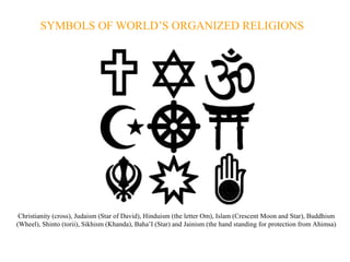 SYMBOLS OF WORLD’S ORGANIZED RELIGIONS

Christianity (cross), Judaism (Star of David), Hinduism (the letter Om), Islam (Crescent Moon and Star), Buddhism
(Wheel), Shinto (torii), Sikhism (Khanda), Baha’I (Star) and Jainism (the hand standing for protection from Ahimsa)

 