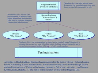 According to Hindu tradition, Brahman became personal in the form of Ishvara – Ishvara became known to humanity in three manifestations.  Ishvara then became known further through the ten mythical incarnations of Vishnu, called avatars (animals: a fish, a boar, a tortoise… and humans: Krishna, Rama, Buddha…).  The stories of these avatars are told in the Bhagavad Gita. Pantheistic view – the entire universe is one divine entity who is simultaneously at one with the universe and who transcends it as well. Monotheistic view – Ishvara is the personified form of Brahman; that is, Saguna Brahman has particular traits. These traits are expressed through the Trimurti (three manifestations). Polytheistic View – the ten incarnations, or avatars, are the “original” gods of Hinduism; it is estimated that there are now some 300 million gods in the Hindu religion. Each god is said to provide focus on an aspect/attribute of Ishvara – a “path” to understanding. 