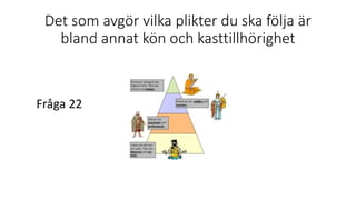 Det som avgör vilka plikter du ska följa är
bland annat kön och kasttillhörighet
Fråga 22
 