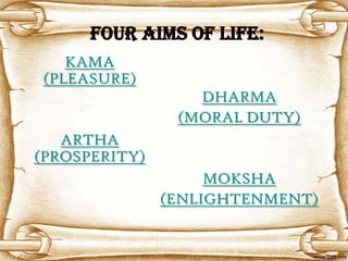 Four aims of LIFE:
   KAMA
(PLEASURE)
                  DHARMA
                (MORAL DUTY)
   ARTHA
(PROSPERITY)
                    MOKSHA
               (ENLIGHTENMENT)
 