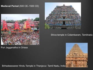 Medieval Period (500 CE–1500 CE)




                                              Shiva temple in Cidambaram, Tamilnadu




Puri Jagganatha in Orissa




 Brihadeeswarar Hindu Temple in Thanjavur. Tamil Nadu, India
 