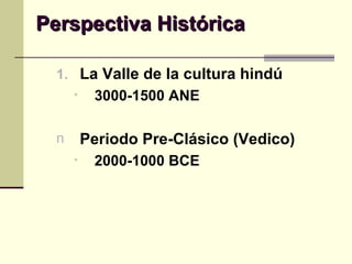 Perspectiva Histórica La Valle de la cultura hindú  3000-1500 ANE Periodo Pre-Clásico (Vedico) 2000-1000 BCE 