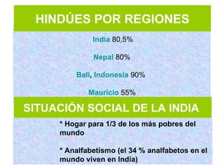 HINDÚES POR REGIONES
              India 80,5%

              Nepal 80%

         Bali, Indonesia 90%

             Mauricio 55%

SITUACIÓN SOCIAL DE LA INDIA
     * Hogar para 1/3 de los más pobres del
     mundo

     * Analfabetismo (el 34 % analfabetos en el
     mundo viven en India)
 