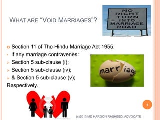 WHAT ARE “VOID MARRIAGES”?
 Section 11 of The Hindu Marriage Act 1955.
• if any marriage contravenes:
 Section 5 sub-clause (i);
 Section 5 sub-clause (iv);
 & Section 5 sub-clause (v);
Respectively.
4
(c)2013 MD HAROON RASHEED, ADVOCATE
 