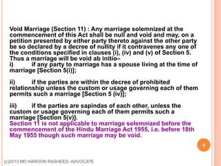 Void Marriage (Section 11) : Any marriage solemnized at the
commencement of this Act shall be null and void and may, on a
petition presented by either party thereto against the other party
be so declared by a decree of nullity if it contravenes any one of
the conditions specified in clauses (i), (iv) and (v) of Section 5.
Thus a marriage will be void ab initio–
i) if any party to marriage has a spouse living at the time of
marriage [Section 5(i)];
ii) if the parties are within the decree of prohibited
relationship unless the custom or usage governing each of them
permits such a marriage [Section 5 (iv)];
iii) if the parties are sapindas of each other, unless the
custom or usage governing each of them permits such a
marriage [Section 5(v)].
Section 11 is not applicable to marriage solemnized before the
commencement of the Hindu Marriage Act 1955, i.e. before 18th
May 1955 though such marriage may be void.
9
(c)2013 MD HAROON RASHEED, ADVOCATE
 