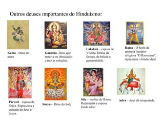 Outros deuses importantes do Hinduísmo:




                                                   Lakshmi – esposa de        Rama - O herói da
Kama - Deus do         Ganesha -Deus que           Vishnu. Deusa da           epopeia literário-
amor                   remove os obstáculos        fartura, da beleza e       religiosa “O Ramaiana”,
                       e traz as soluções.         generosidade.              representa o hindu ideal




                                                Sita – mulher de Rama.    Indra – deus da tempestade.
Parvati – esposa de
Shiva. Representa a   Surya - Deus do Sol   .   Representa a esposa
                                                hindu ideal.
unidade de deus e
deusa.
 