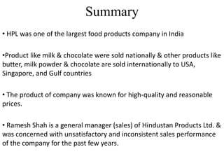 Summary
• HPL was one of the largest food products company in India
•Product like milk & chocolate were sold nationally & other products like
butter, milk powder & chocolate are sold internationally to USA,
Singapore, and Gulf countries
• The product of company was known for high-quality and reasonable
prices.
• Ramesh Shah is a general manager (sales) of Hindustan Products Ltd. &
was concerned with unsatisfactory and inconsistent sales performance
of the company for the past few years.
 