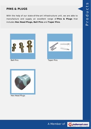 A Member of
PINS & PLUGS
With the help of our state-of-the-art infrastructure unit, we are able to
manufacture and supply an excellent range of Pins & Plugs that
includes Hex Head Plugs, Ball Pins and Taper Pins.
Ball Pins Taper Pins
Hex Head Plugs
Products
 