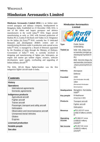 Hindustan Aeronautics
Limited
Type Public Sector
Undertaking
Traded as NSE: HAL (https://ww
w.nseindia.com/get-qu
otes/equity?symbol=H
AL)
BSE: 541154 (https://w
ww.bseindia.com/stock
-share-price/x/y/54115
4/)
Industry Aerospace
Defence
Founded 1940
(As Hindustan Aircraft)
1964
(Renamed Hindustan
Aeronautics)
Headquarters Bangalore, Karnataka,
India[1]
Key people R Madhavan
(Chairman & MD)
Products Transport aircraft
Fighter aircraft
Helicopters
Revenue ₹21,522.07 crore
(US$2.8 billion) (2020)
[2]
Operating
income
₹3,960.57 crore
(US$520 million)
(2020)[2]
Net income ₹2,857.02 crore
(US$370 million)
(2020)[2]
Hindustan Aeronautics Limited
Hindustan Aeronautics Limited (HAL) is an Indian state-
owned aerospace and defence company, headquartered in
Bengaluru, India. Established on 23 December 1940, HAL is
one of the oldest and largest aerospace and defence
manufacturers in the world today.[6] HAL began aircraft
manufacturing as early as 1942 with licensed production of
Harlow PC-5, Curtiss P-36 Hawk and Vultee A-31 Vengeance
for the Indian Air Force.[6] HAL currently has 11 dedicated
Research and development (R&D) centers and 21
manufacturing divisions under 4 production units spread across
India.[6] HAL is managed by a Board of Directors appointed
by the President of India through the Ministry of Defence,
Government of India.[7] HAL is currently involved in
designing and manufacturing of fighter jets, helicopters, jet
engine and marine gas turbine engine, avionics, software
development, spare supply, overhauling and upgrading of
Indian military aircraft.[8]
The HAL HF-24 Marut fighter-bomber was the first
indigenous fighter aircraft made in India.
History
Operations
International agreements
Domestic agreements
Indigenous products
Agricultural aircraft
Fighter aircraft
Trainer aircraft
Passenger, transport and utility aircraft
Helicopters
Observation and reconnaissance aircraft
Unmanned Aerial Vehicles
Gliders
Engines
Licensed production
Notable people
See also
Contents
 