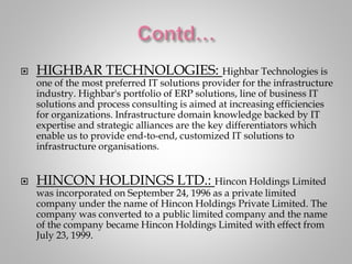  HIGHBAR TECHNOLOGIES: Highbar Technologies is
one of the most preferred IT solutions provider for the infrastructure
industry. Highbar's portfolio of ERP solutions, line of business IT
solutions and process consulting is aimed at increasing efficiencies
for organizations. Infrastructure domain knowledge backed by IT
expertise and strategic alliances are the key differentiators which
enable us to provide end-to-end, customized IT solutions to
infrastructure organisations.
 HINCON HOLDINGS LTD.: Hincon Holdings Limited
was incorporated on September 24, 1996 as a private limited
company under the name of Hincon Holdings Private Limited. The
company was converted to a public limited company and the name
of the company became Hincon Holdings Limited with effect from
July 23, 1999.
 