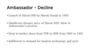 • Launch of Maruti 800 by Maruti Suzuki in 1983
• Significant cheaper price of Maruti 800- blow to
Ambassador’s position
• Drop in market share from 75% to 20% from 1984 to 1991
• Indifferent to demand for modern technology and style
 