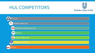 HUL COMPETITORS
ITC Ltd
Nestle India Ltd
Britannia Industries Ltd
Marico
Dabur India Ltd
Colgate palmolive
Nirma
 