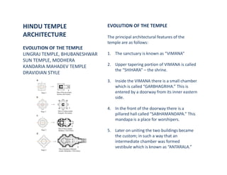 HINDU TEMPLE
ARCHITECTURE
EVOLUTION OF THE TEMPLE
LINGRAJ TEMPLE, BHUBANESHWAR
SUN TEMPLE, MODHERA
KANDARIA MAHADEV TEMPLE
DRAVIDIAN STYLE
EVOLUTION OF THE TEMPLE
The principal architectural features of the
temple are as follows:
1. The sanctuary is known as “VIMANA”
2. Upper tapering portion of VIMANA is called
the “SHIHARA” – the shrine.
3. Inside the VIMANA there is a small chamber
which is called “GARBHAGRIHA.” This is
entered by a doorway from its inner eastern
side.
4. In the front of the doorway there is a
pillared hall called “SABHAMANDAPA.” This
mandapa is a place for worshipers.
5. Later on uniting the two buildings became
the custom; in such a way that an
intermediate chamber was formed
vestibule which is known as “ANTARALA.”
 