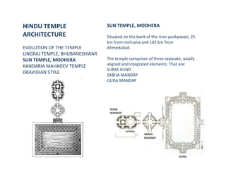 HINDU TEMPLE
ARCHITECTURE
EVOLUTION OF THE TEMPLE
LINGRAJ TEMPLE, BHUBANESHWAR
SUN TEMPLE, MODHERA
KANDARIA MAHADEV TEMPLE
DRAVIDIAN STYLE
SUN TEMPLE, MODHERA
Situated on the bank of the river pushpavati, 25
km from mehsana and 102 km from
Ahmedabad.
The temple comprises of three separate, axially
aligned and integrated elements. That are:
SURYA KUND
SABHA MANDAP
GUDA MANDAP
 
