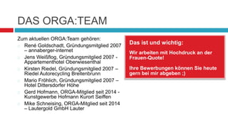 DAS ORGA:TEAM 
Das ist und wichtig: 
Wir arbeiten mit Hochdruck an der 
Frauen-Quote! 
Ihre Bewerbungen können Sie heute 
gern bei mir abgeben ;) 
Zum aktuellen ORGA:Team gehören: 
 René Goldschadt, Gründungsmitglied 2007 
– annaberger-internet 
 Jens Weißflog, Gründungsmitglied 2007 - 
Appartementhotel Oberwiesenthal 
 Kirsten Riedel, Gründungsmitglied 2007 – 
Riedel Autorecycling Breitenbrunn 
 Mario Fröhlich, Gründungsmitglied 2007 – 
Hotel Dittersdorfer Höhe 
 Gerd Hofmann, ORGA-Mitglied seit 2014 - 
Kunstgewerbe Hofmann Kurort Seiffen 
 Mike Schneising, ORGA-Mitglied seit 2014 
– Lautergold GmbH Lauter 
 