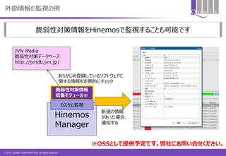 © 2015 QUNIE CORPORATION. All rights reserved.
外部情報の監視の例
脆弱性対策情報をHinemosで監視することも可能です
JVN iPedia
脆弱性対策データベース
http://jvndb.jvn.jp/
Hinemos
Manager
脆弱性対策情報
収集モジュール※
カスタム監視
あらかじめ登録しているソフトウェアに
関する情報を定期的にチェック
新規の情報
があった場合、
通知する
※OSSとして提供予定です。弊社にお問い合せください。
 