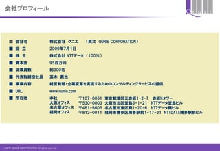 © 2015 QUNIE CORPORATION. All rights reserved.
■ 会社名 株式会社 クニエ （英文 QUNIE CORPORATION）
■ 設 立 2009年7月1日
■ 株 主 株式会社 NTTデータ （100％）
■ 資本金 95百万円
■ 従業員数 約300名
■ 代表取締役社長 高木 真也
■ 事業内容 経営戦略・企業変革を実現するためのコンサルティングサービスの提供
■ URL www.qunie.com
■ 所在地 本社
大阪オフィス
名古屋オフィス
福岡オフィス
〒107-0051 東京都港区元赤坂1-2-7 赤坂Kタワー
〒530-0003 大阪市北区堂島3-1-21 NTTデータ堂島ビル
〒461-8605 名古屋市東区葵1-20-6 NTTデータ葵ビル
〒812-0011 福岡市博多区博多駅前1-17-21 NTTDATA博多駅前ビル
会社プロフィール
 