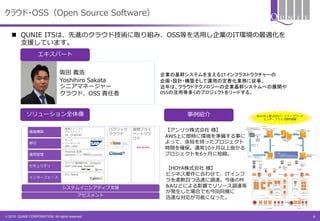 © 2015 QUNIE CORPORATION. All rights reserved.
クラウド・OSS（Open Source Software）
 QUNIE ITSは、先進のクラウド技術に取り組み、OSS等を活用し企業のIT環境の最適化を
支援しています。
阪田 義浩
Yoshihiro Sakata
シニアマネージャー
クラウド、OSS 責任者
企業の基幹システムを支えるITインフラストラクチャーの
企画・設計・構築そして運用の定着化業務に従事。
近年は、クラウドテクノロジーの企業基幹システムへの展開や
OSSの活用等多くのプロジェクトをリードする。
エキスパート
ソリューション全体像 事例紹介
【アンリツ株式会社 様】
AWS上に即時に環境を準備する事に
よって、余裕を持ったプロジェクト
時間を確保。通常10ヶ月以上掛かる
プロジェクトを6ヶ月に短縮。
【HOYA株式会社 様】
ビジネス要件に合わせて、ITインフ
ラを柔軟且つ迅速に調達。今後のM
&Aなどによる影響でリソース調達等
が発生した場合でも今回同様に
迅速な対応が可能になった。
6
 