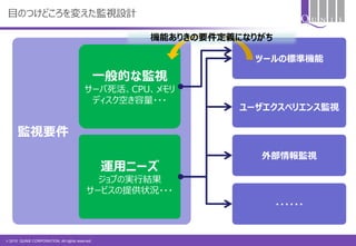 © 2015 QUNIE CORPORATION. All rights reserved.
監視要件
目のつけどころを変えた監視設計
運用ニーズ
ジョブの実行結果
サービスの提供状況・・・
一般的な監視
サーバ死活、CPU、メモリ
ディスク空き容量・・・
ツールの標準機能
ユーザエクスペリエンス監視
外部情報監視
・・・・・・
機能ありきの要件定義になりがち
 