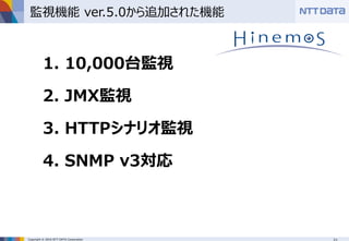 Copyright © 2016 NTT DATA Corporation
監視機能 ver.5.0から追加された機能
1. 10,000台監視
2. JMX監視
3. HTTPシナリオ監視
4. SNMP v3対応
 