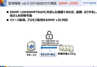 Copyright © 2016 NTT DATA Corporation
監視機能 ver.5.0から追加された機能 SNMP v3対応
 SNMP v3のSNMPTRAPに対応した機器であれば、盗聴、なりすまし、
改ざんを抑制可能
 リソース監視、プロセス監視もSNMP v3に対応
Hinemos
マネージャ 管理対象システムセキュリティ向上
SNMPTRAP(SNMP v3)
プロセス数(SNMP v3)
リソース値(SNMP v3)
 
