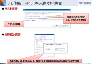 Copyright © 2016 NTT DATA Corporation
ジョブ機能 ver.5.0から追加された機能
 テスト実行
コマンドを置換
実時刻に依存させず
ジョブの流れのみを確認
 繰り返し実行
1度失敗してしまったジョブも、成功するまで指定回数繰り返し実行する事が可能
 