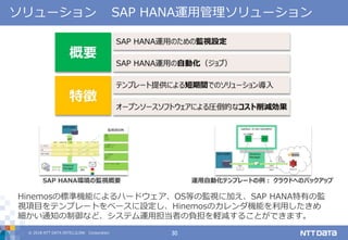© 2018 NTT DATA INTELLILINK Corporation 30
ソリューション SAP HANA運用管理ソリューション
SAP HANA環境の監視概要 運用自動化テンプレートの例： クラウドへのバックアップ
Hinemosの標準機能によるハードウェア、OS等の監視に加え、SAP HANA特有の監
視項目をテンプレートをベースに設定し、Hinemosのカレンダ機能を利用したきめ
細かい通知の制御など、システム運用担当者の負担を軽減することができます。
 