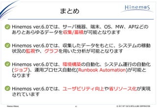 41 © 2017 NTT DATA INTELLILINK CORPORATIONHinemos Alliance
まとめ
• Hinemos ver.6.0では、サーバ機器、端末、OS、MW、APなどの
ありとあらゆるデータを収集/蓄積が可能となります
• Hinemos ver.6.0では、収集したデータをもとに、システムの稼動
状況の監視や、グラフを用いた分析が可能となります
• Hinemos ver.6.0では、環境構築の自動化、システム運行の自動化
(ジョブ)、運用プロセス自動化(Runbook Automation)が可能と
なります
• Hinemos ver.6.0では、ユーザビリティ向上や省リソース化が実現
されています
✔
✔
✔
✔
 