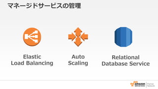 マネージドサービスの管理 
Elastic 
Load Balancing 
Auto 
Scaling 
Relational 
Database Service 
 