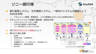 ソニー銀行様 
銀行業務システム、社内業務システム、一般向けシステムの基盤として 
AWSを利用 
• ドキュメント管理、管理会計、リスク管理などのシステムを順次AWSへ 
セキュリティについて詳細に確認後、採用を決定 
• クラウドセキュリティの正しい理解 
• FISC安全対策基準への適合性確認 
• ソニー銀行独自のシステムリスク分析 
AWS Summit2014資料より抜粋 
5年で約37%のコスト削減メリット 
得られた導入効果 
• 拡張性 
• HW保守対応、HW障害対応 
• ライセンス 
• 非稼働時コスト、ピーク時コスト、見込拡張コスト 
• 耐障害性向上、復旧時間短縮 
• BCP対応 
 