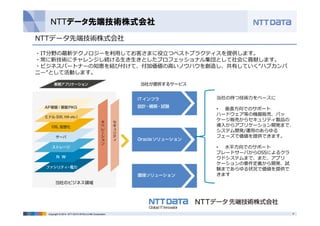 NTTデータ先端技術株式会社 
NTTデータ先端技術株式会社 
・IT分野の最新テクノロジーを利⽤してお客さまに役⽴つベストプラクティスを提供します。 
・常に新技術にチャレンジし続ける⽣き⽣きとしたプロフェッショナル集団として社会に貢献します。 
・ビジネスパートナーの知恵を結び付けて、付加価値の⾼いノウハウを創造し、共有していく“ハブカンパ 
ニー”として活動します。 
当社の持つ技術⼒をベースに 
• 垂直⽅向でのサポート 
ハードウェア等の機器販売、パッ 
ケージ販売からセキュリティ製品の 
導⼊からアプリケーション開発まで、 
システム開発/運⽤のあらゆる 
フェーズで価値を提供できます。 
• ⽔平⽅向でのサポート 
ブレードサーバからOSSによるクラ 
ウドシステムまで、また、アプリ 
ケーションの要件定義から開発、試 
験まであらゆる状況で価値を提供で 
きます 
Copyright © 2014 NTT DATA INTELLILINK Corporation 2 
 