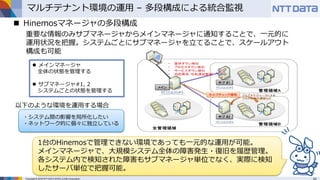 Copyright © 2016 NTT DATA INTELLILINK Corporation
マルチテナント環境の運用 – 多段構成による統合監視
 メインマネージャ
全体の状態を管理する
 サブマネージャ#1, 2
システムごとの状態を管理する
1台のHinemosで管理できない環境であっても一元的な運用が可能。
メインマネージャで、大規模システム全体の障害発生・復旧を履歴管理。
各システム内で検知された障害もサブマネージャ単位でなく、実際に検知
したサーバ単位で把握可能。
 Hinemosマネージャの多段構成
重要な情報のみサブマネージャからメインマネージャに通知することで、一元的に
運用状況を把握。システムごとにサブマネージャを立てることで、スケールアウト
構成も可能
・システム間の影響を局所化したい
・ネットワーク的に個々に独立している
以下のような環境を運用する場合
 